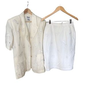 Ann Gerlin Vintage Embroidered Linen Skirt Suit White Size 10